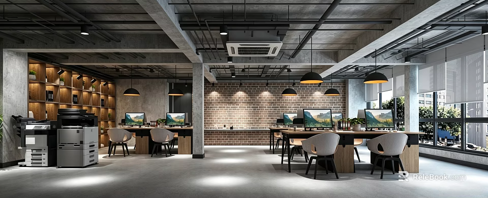 Modern Industrial Office Interior With Brick Wall Pendant Lights Desks Computers And Chairs 3d model 