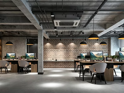 Modern Industrial Office Interior With Brick Wall Pendant Lights Desks Computers And Chairs 3d model