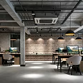 Modern Industrial Office Interior With Brick Wall Pendant Lights Desks Computers And Chairs