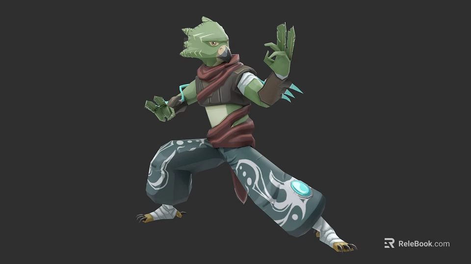 Green Winged Flying Creature In Martial Arts Stance With Red Scarf And Patterned Pants 3d model 