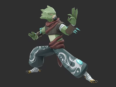Green Winged Flying Creature In Martial Arts Stance With Red Scarf And Patterned Pants 3d model