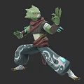 Green Winged Flying Creature In Martial Arts Stance With Red Scarf And Patterned Pants
