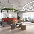 Modern Stylish Lounge Area Interior With Hanging Plants Colorful Chairs And Round Tables