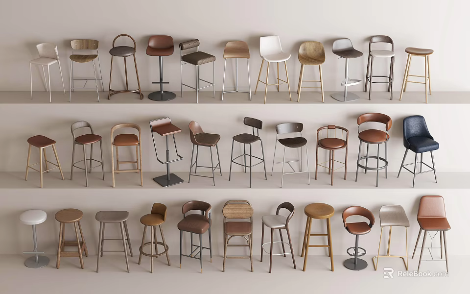 Various Styles of Modern Bar Stools with Different Materials and Designs 3d model 