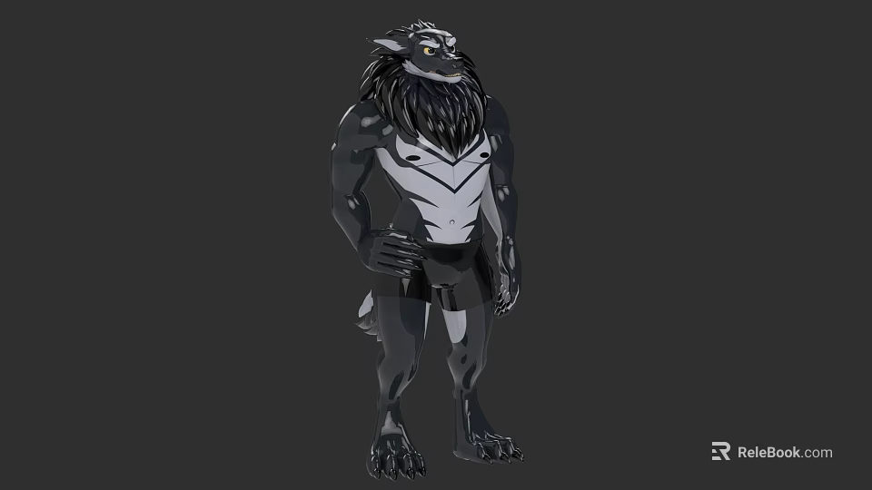 Anthropomorphic Mythical Beast Character With Black White Fur Muscular Build Standing Pose 3d model 