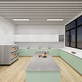 Modern School Kitchen Classroom Interior Setup With Spacious Countertops Appliances Display Screens And Cabinets