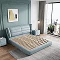 Light Blue Modern Double Bed with Upholstered Headboard Slat Frame Nightstands Artwork and Scenic Window