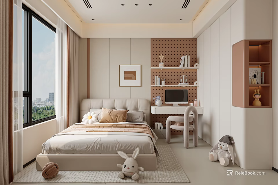 Modern Bedroom Interior With Bed Pillows Large Window Study Desk And Stuffed Toys 3d model 