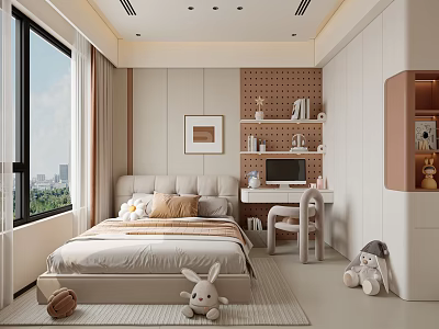 Modern Bedroom Interior With Bed Pillows Large Window Study Desk And Stuffed Toys 3d model