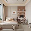 Modern Bedroom Interior With Bed Pillows Large Window Study Desk And Stuffed Toys
