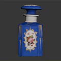 Blue Decorative Perfume Bottle With Floral Designs And White Enamel Lid