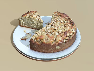 Freshly Baked Round Cake With Nut Toppings On White Plate And Sliced Piece 3d model