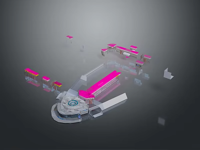 Modern Exhibition Interior With Pink Platforms Circular Display And White Structures 3d model