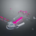 Modern Exhibition Interior With Pink Platforms Circular Display And White Structures