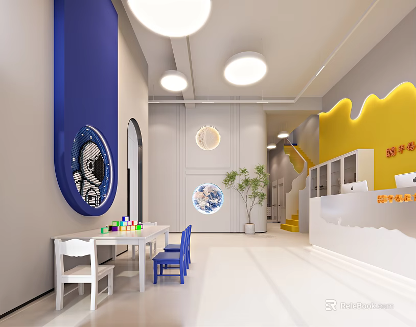 Kids Playroom with Blue Yellow Walls Astronaut Decor Round Windows White Table Chairs Building Blocks 3d model 
