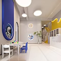 Kids Playroom with Blue Yellow Walls Astronaut Decor Round Windows White Table Chairs Building Blocks