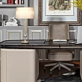 Elegant Modern Desk With Bookshelves Table Lamp Laptop Chair And Artwork