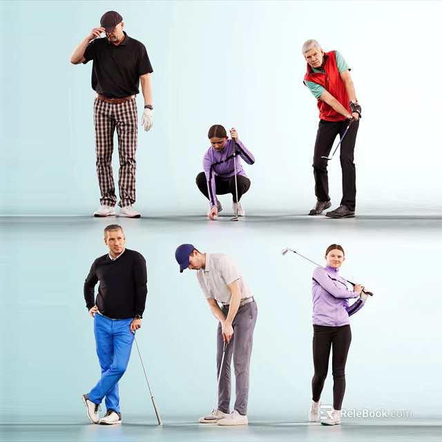 Group of People Practicing Various Golf Swings With Clubs Outdoors 3d model 