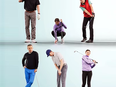 Group of People Practicing Various Golf Swings With Clubs Outdoors 3d model