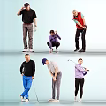 Group of People Practicing Various Golf Swings With Clubs Outdoors