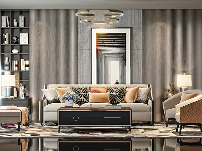 Modern Living Room Interior With Gray Sofa Throw Pillows And Black Coffee Table 3d model