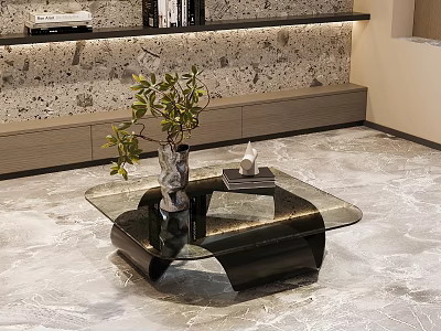 Modern Glass Top Coffee Table with Black Base Vase Plant and Book Near Stone Wall 3d model