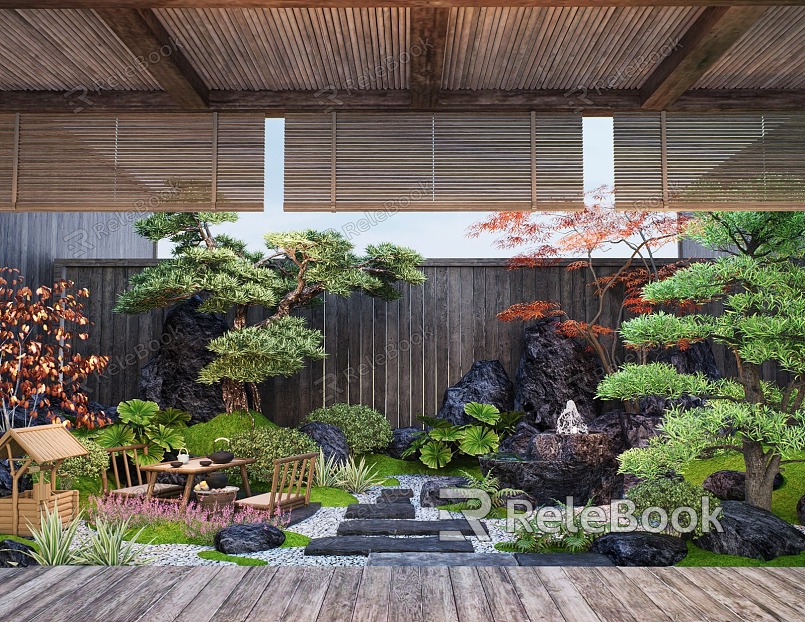 Japanese Zen Courtyard Landscape Stone Stone Poon Patio Plant Landscaping Landscape Pine Tea Table model