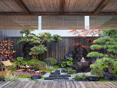 Serene Courtyard Garden With Wooden Roof Bamboo Blinds Pine Trees And Stone Path 3d model