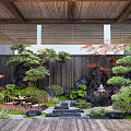 Serene Courtyard Garden With Wooden Roof Bamboo Blinds Pine Trees And Stone Path