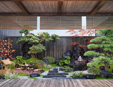 Japanese Zen Courtyard Landscape Stone Poon Patio Plant Landscaping Landscape Pine Tea Table 3d model