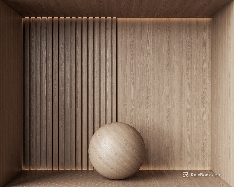 Modern Wooden Wall Paneling Featuring Vertical Slats Smooth Wall And Round Decorative Ball 3d model 