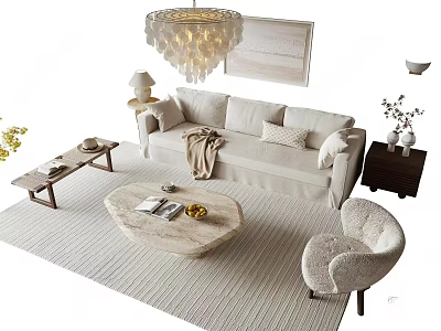 Warm Neutral Tone Living Room With Cozy Fabric Sofa And Marble Coffee Table Design 3d model