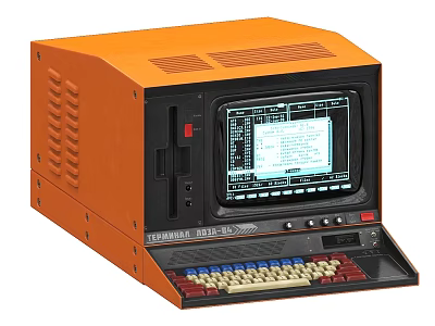 Vintage Orange Retro Computer With Screen Text Display And Colorful Keyboard 3d model
