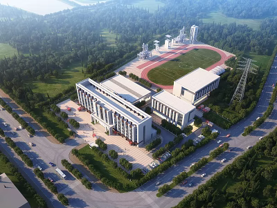Modern Office Building Complex With Lush Greenery And Track Field Sports Ground 3d model