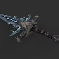 Mythical Fantasy Sword With Intricate Metallic Design Blue Accents And Textured Grip