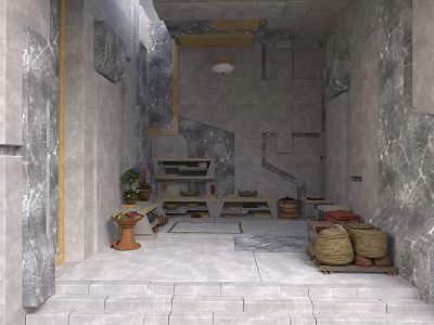 Rustic Interior Space With Marble Walls Stone Floor Wooden Shelves Clay Pots Wicker Baskets Round Ceiling Light 3d model