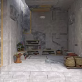 Rustic Interior Space With Marble Walls Stone Floor Wooden Shelves Clay Pots Wicker Baskets Round Ceiling Light