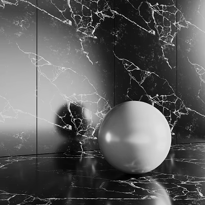 Black Marble Wall with White Veins Featuring White Sphere on Polished Marble Floor 3d model