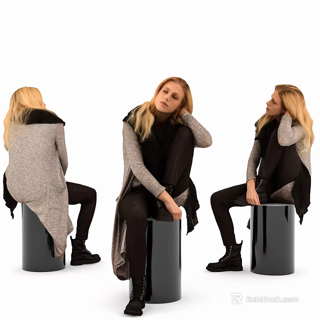 Women Sitting On Black Cylindrical Stools With Gray Black Tops And Golden Long Hair 3d model 