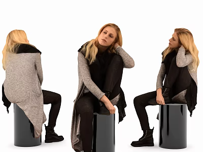 Women Sitting On Black Cylindrical Stools With Gray Black Tops And Golden Long Hair 3d model