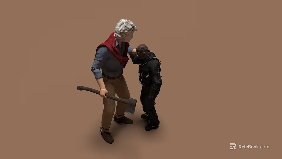 Two Men Interacting One Holding Axe With Red Scarf On Brown Background 3d model 