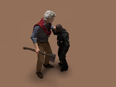Two Men Interacting One Holding Axe With Red Scarf On Brown Background 3d model