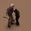 Two Men Interacting One Holding Axe With Red Scarf On Brown Background