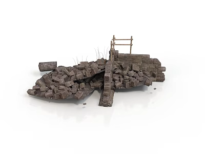 Modern Setting With Broken Brick Wall Debris And Wooden Fence Structure 3d model