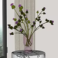 Transparent Pink Vase With Purple Flowers Placed On White Table Near Window Curtains