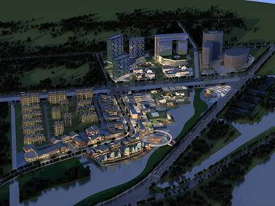 Aerial Planning of Modern Urban Development with Mixed Buildings Road Network River and Green Spaces 3d model