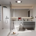 Modern Bathroom Interior Design with Glass Shower White Toilet Double Sink and Mirror
