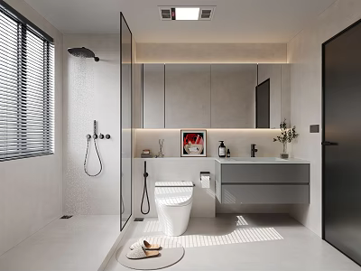 Modern Bathroom Interior Design with Glass Shower White Toilet Double Sink and Mirror 3d model