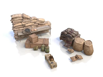 Household Supplies Display With Stacked Sacks Wooden Shelves Crates Woven Baskets And Barrels 3d model