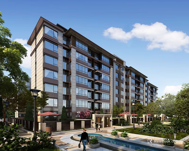 Mid rise Residential Building with Landscaping Swimming Pool Street Lamps and Pedestrian Walkways Under Blue Sky 3d model 